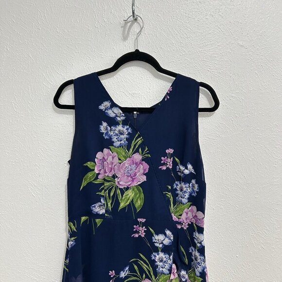TALBOTS  GEORGETTE PAINTERLY SLEEVELESS NAVY BLUE FLORAL WRAP DRESS RUFFLE 10P - Picture 2 of 12